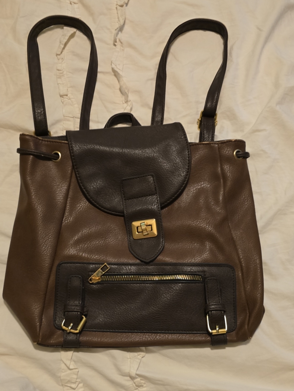 Classic Brown Leather Backpack Tote with Dark Brown Trim